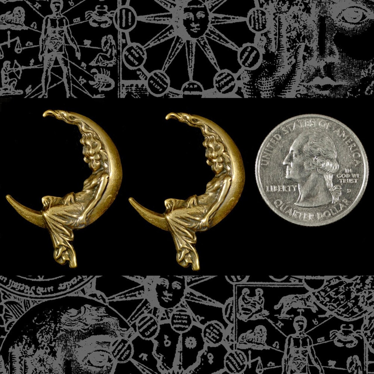 Antiqued Brass Woman Sleeping on the Moon Pendants No Ring - Set of Two - AB-P84